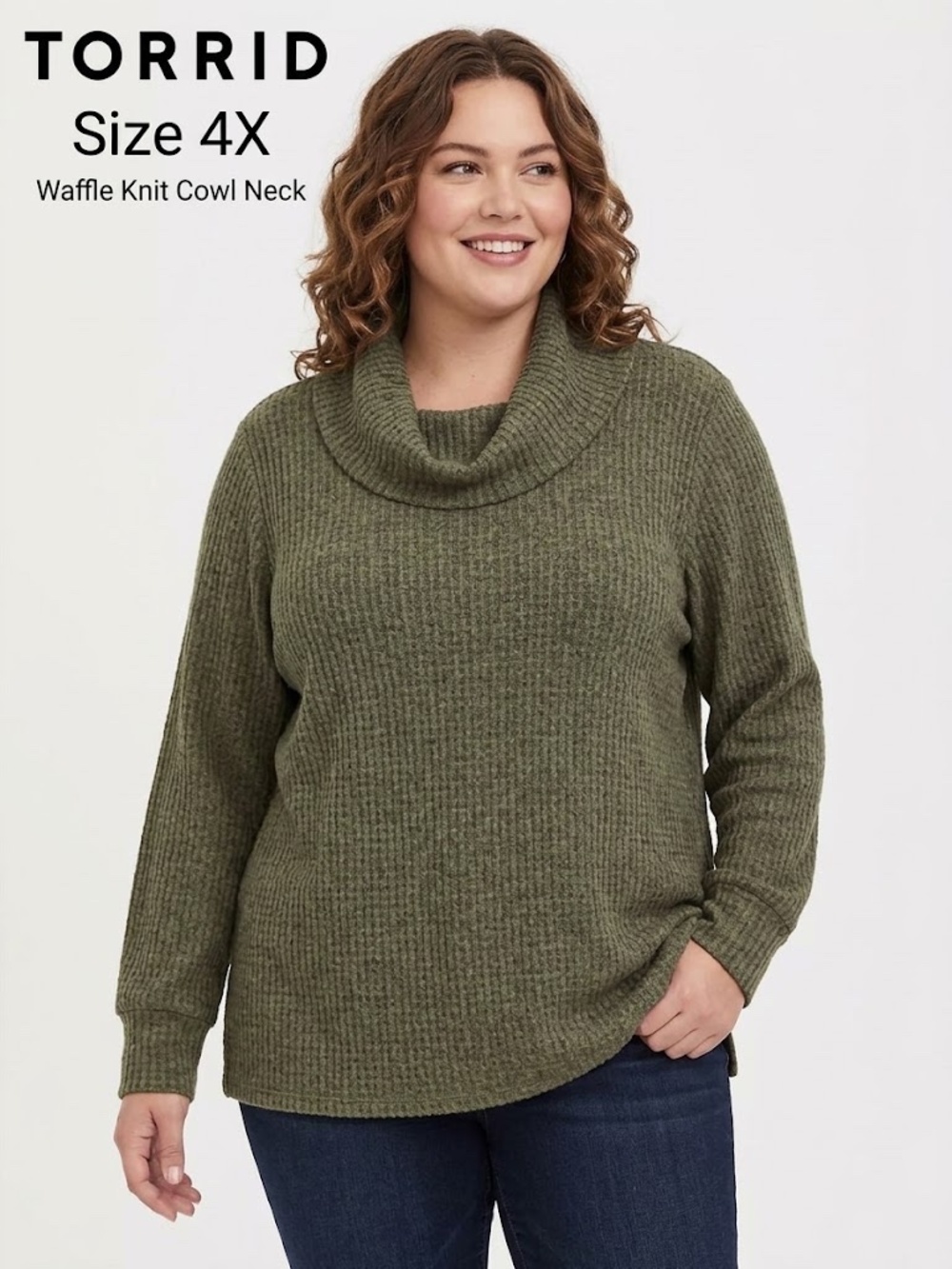 Torrid Size 4 Waffle Knit Sweater - Cowl Neck Lightweight Olive Green Heathered
